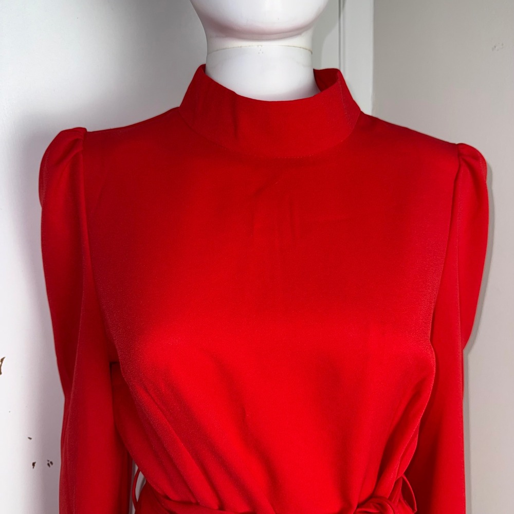 Red Mock Neck Long Sleeve Ruffle Hem Tie Waist Mini Dress Puff Shoulder Size M‎ - Picture 7 of 14